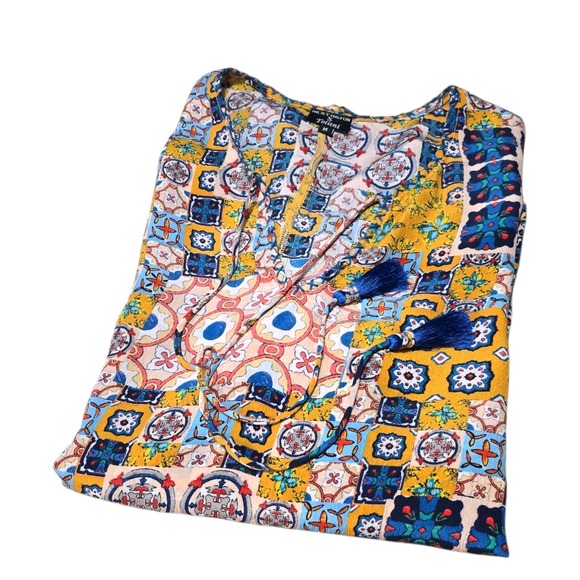 Tolani x Nicky Hilton 100% Silk Salerno Tassel Boho Tunic Blouse Blue & Yellow M - Picture 3 of 8